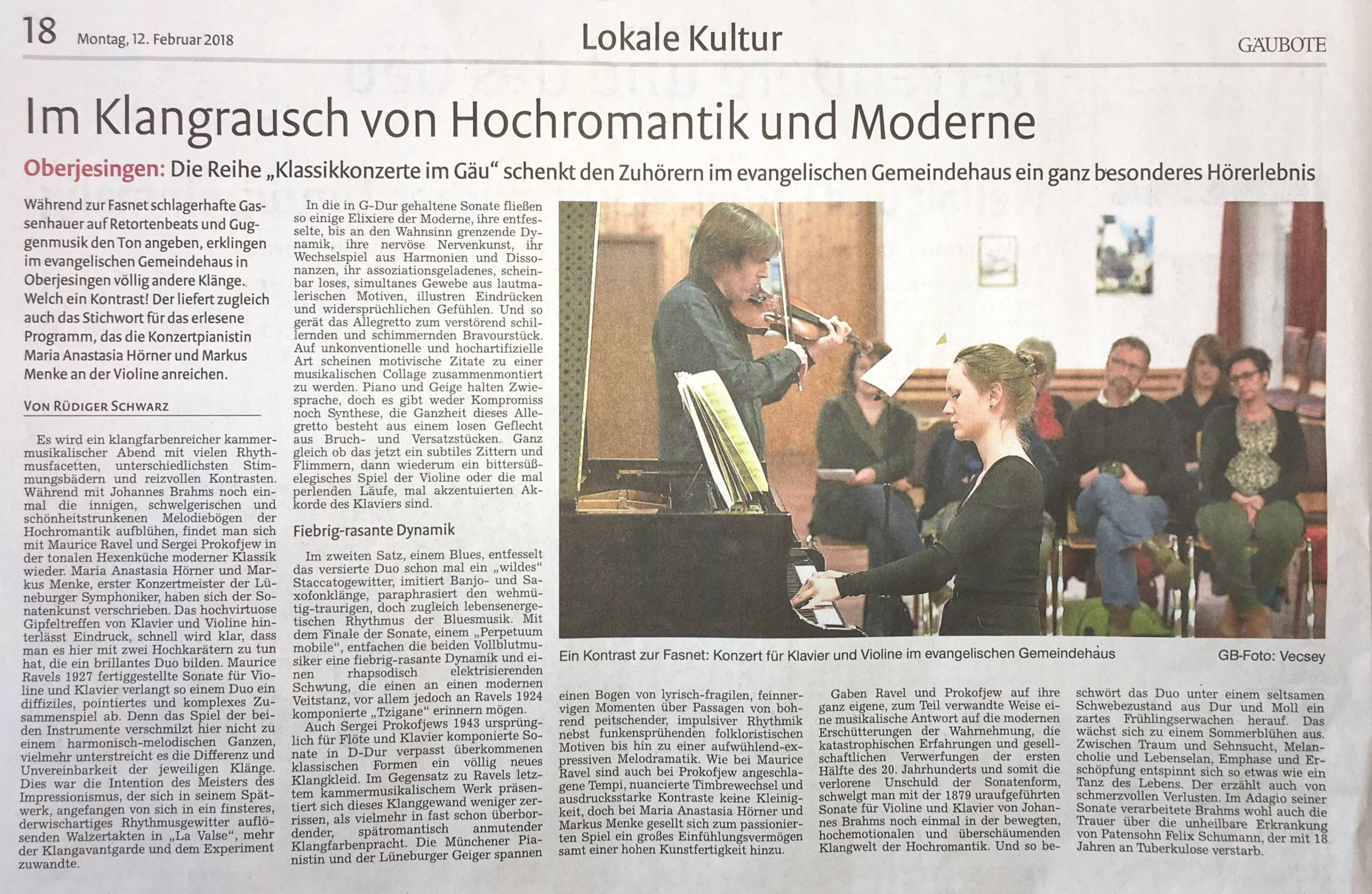 Zeitungsartikel. Rezension. Duo Hörner Menke.